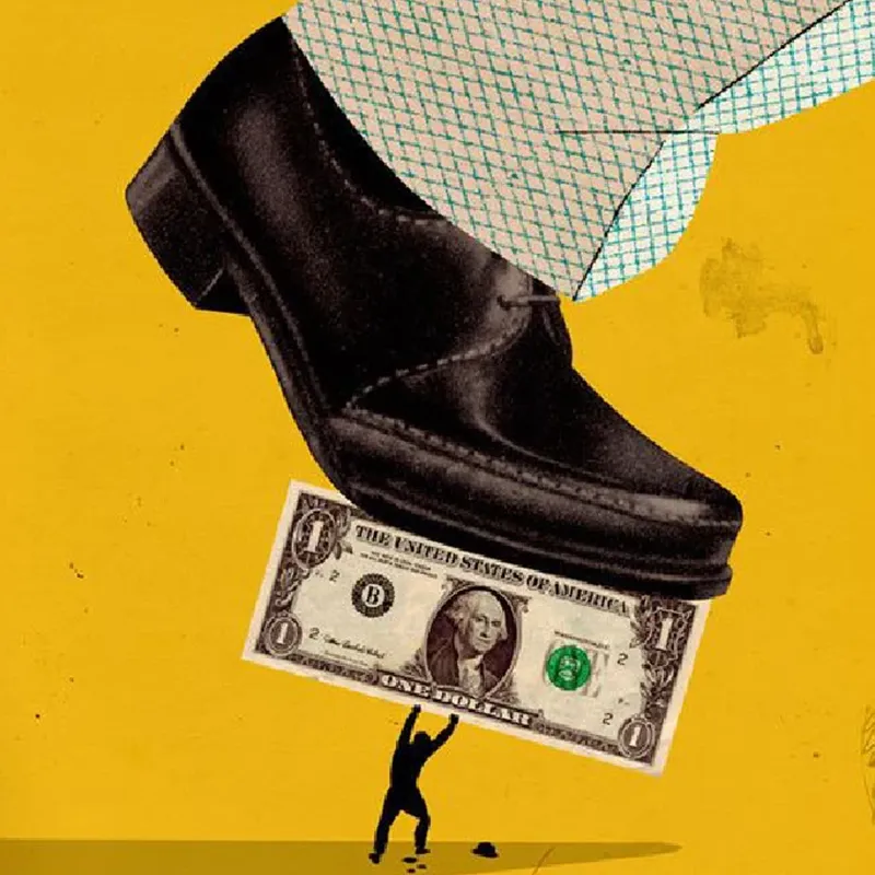 Abstract image of a man holding a dollar under the foot of a big guy, as an illustration of City Profit case study of trading business